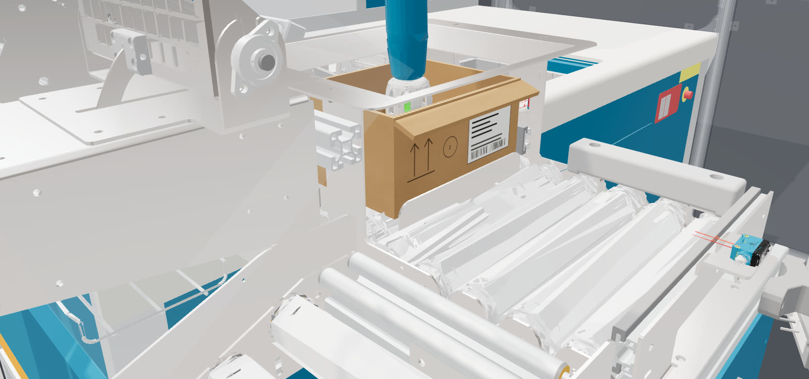 The picking robot lowering a boxed phone into a shipping carton on the roller conveyor.