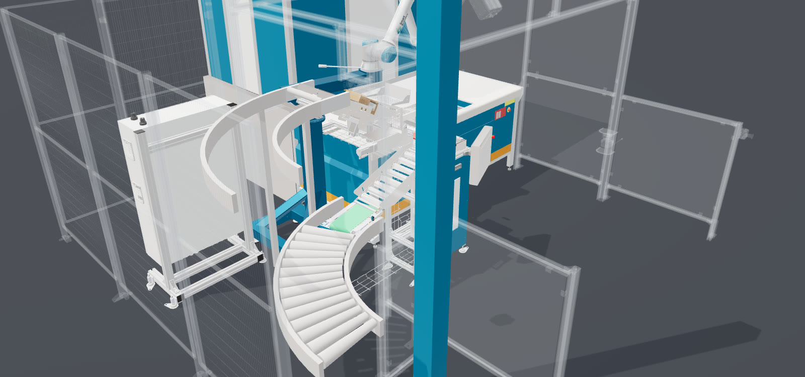 Overview of the item-picking cell: robot on its pedestal, port station, roller conveyors and safety fencing.